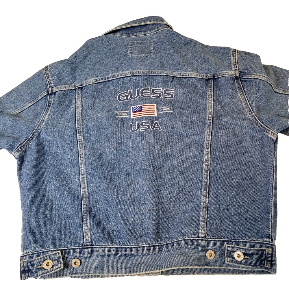 Vintage Womens Ladies *GUESS* Button Up Jean Jacket Denim XL Embroidered Flag